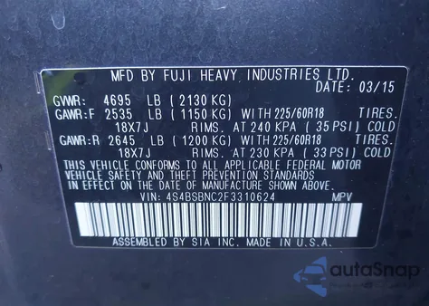 2015 Subaru Outback 2.5I Limited from USA, damaged, VIN 4S4BSBNC2F3310624